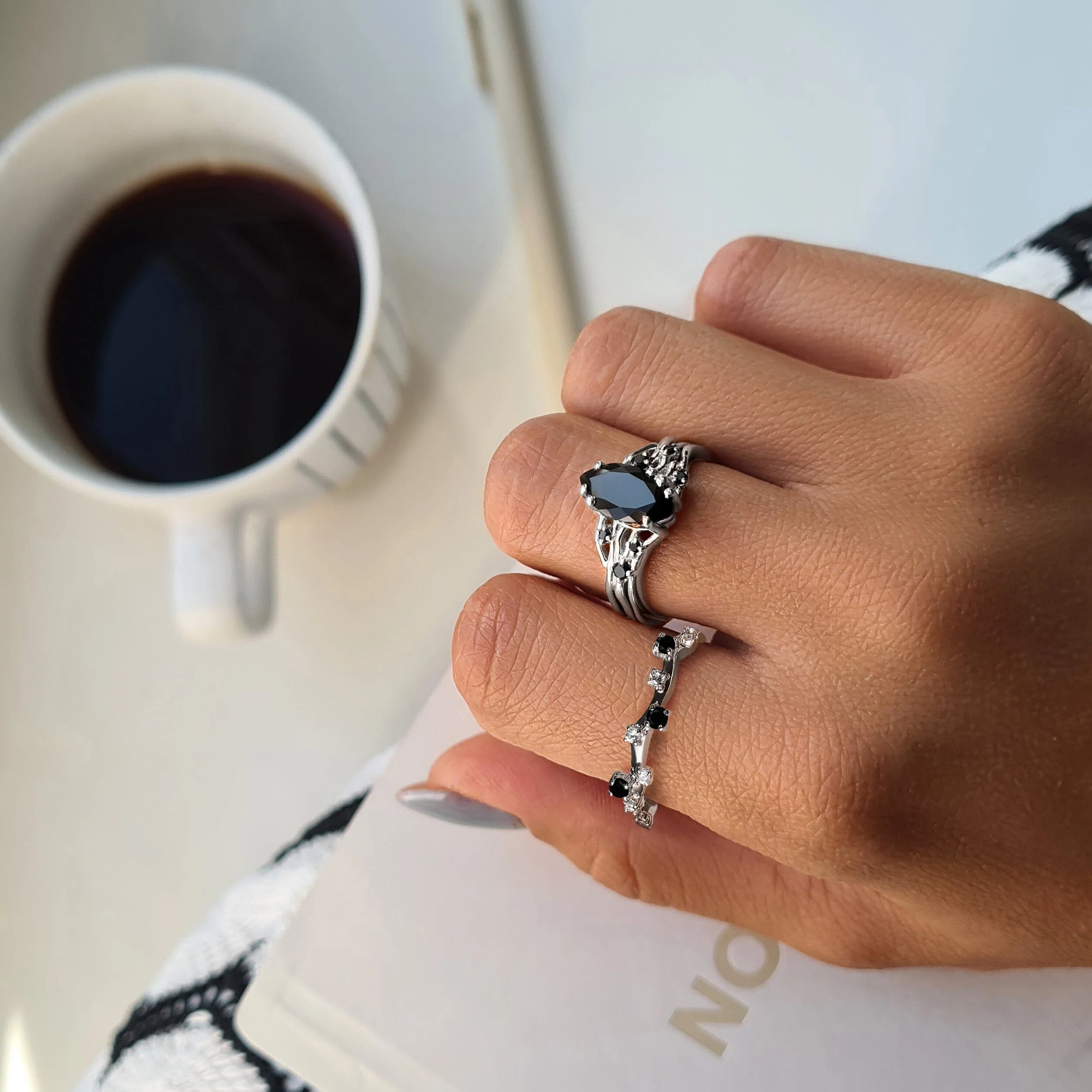 Black Obsidian Black Spinel Ring - Radiance & Black Onyx Ring - Stardust Band - Image 2