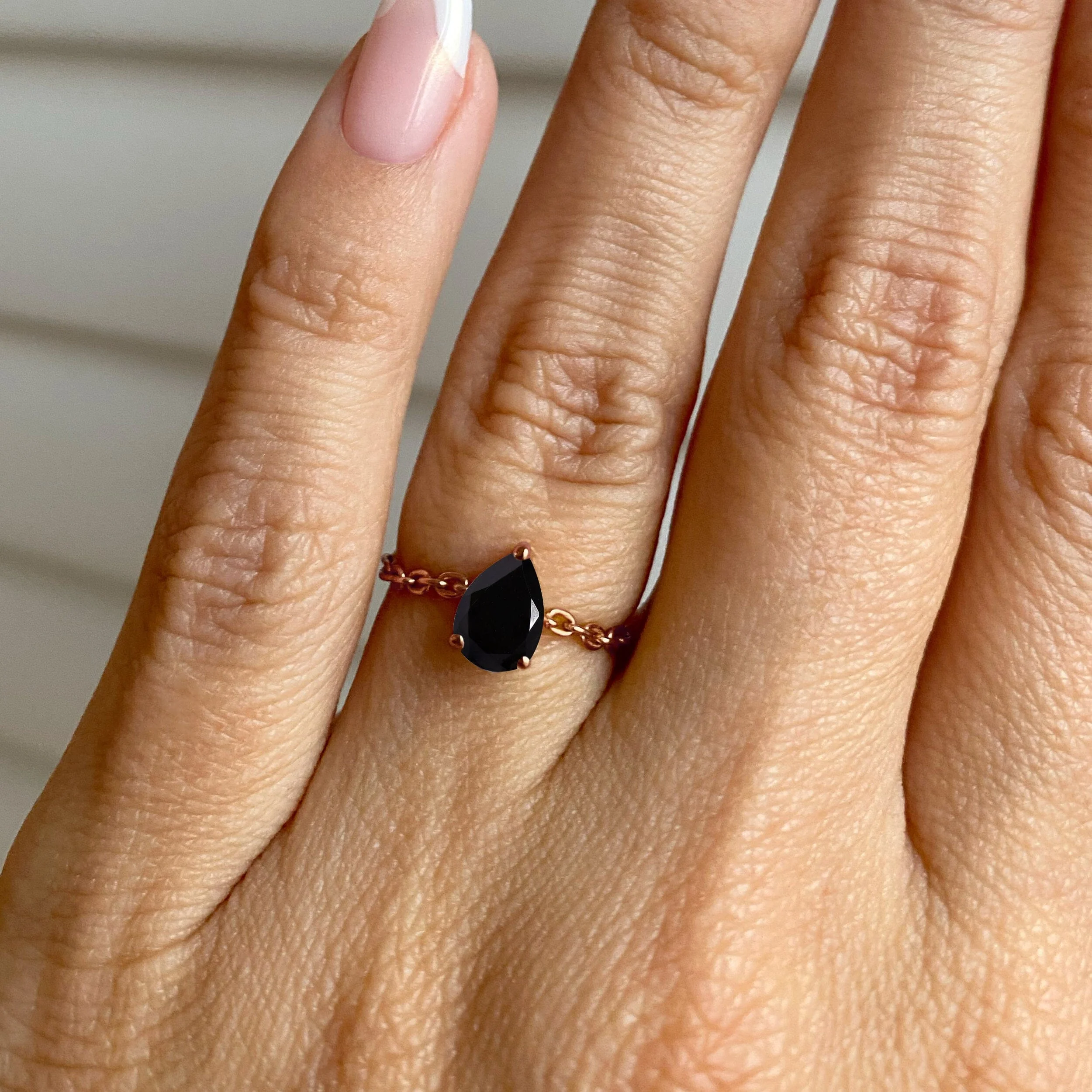 Black Obsidian Adjustable Chain Ring - Dew Drop - Image 4