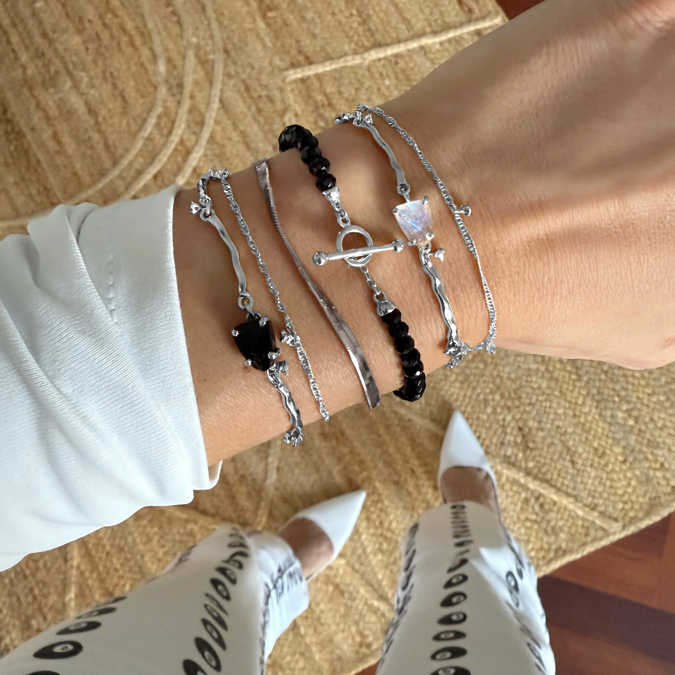 Moonstone & Black Obsidian Bracelet Stack - Energy Armor - Image 10