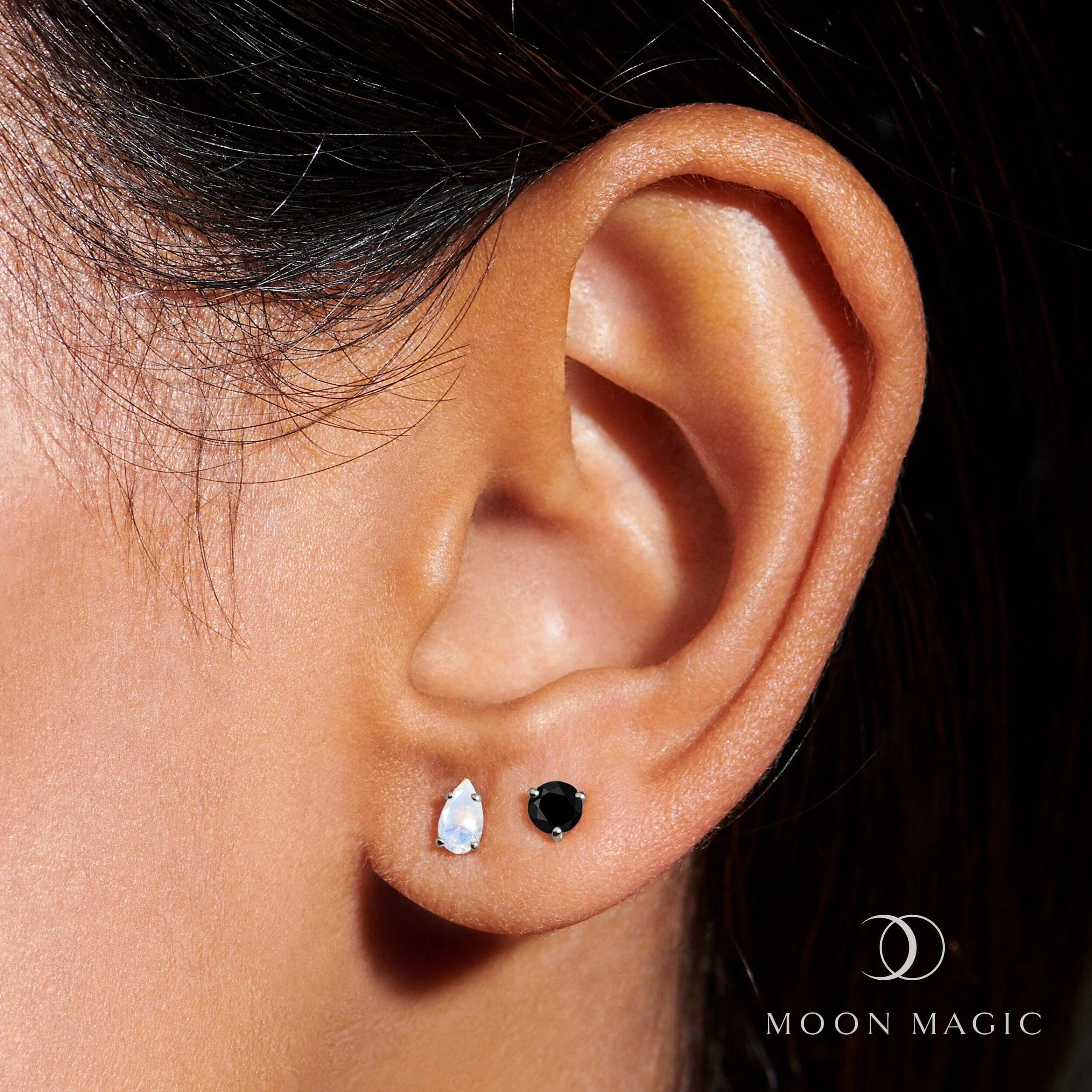 Black Obsidian Moonstone Petite Round & Teardrop Studs - Image 2