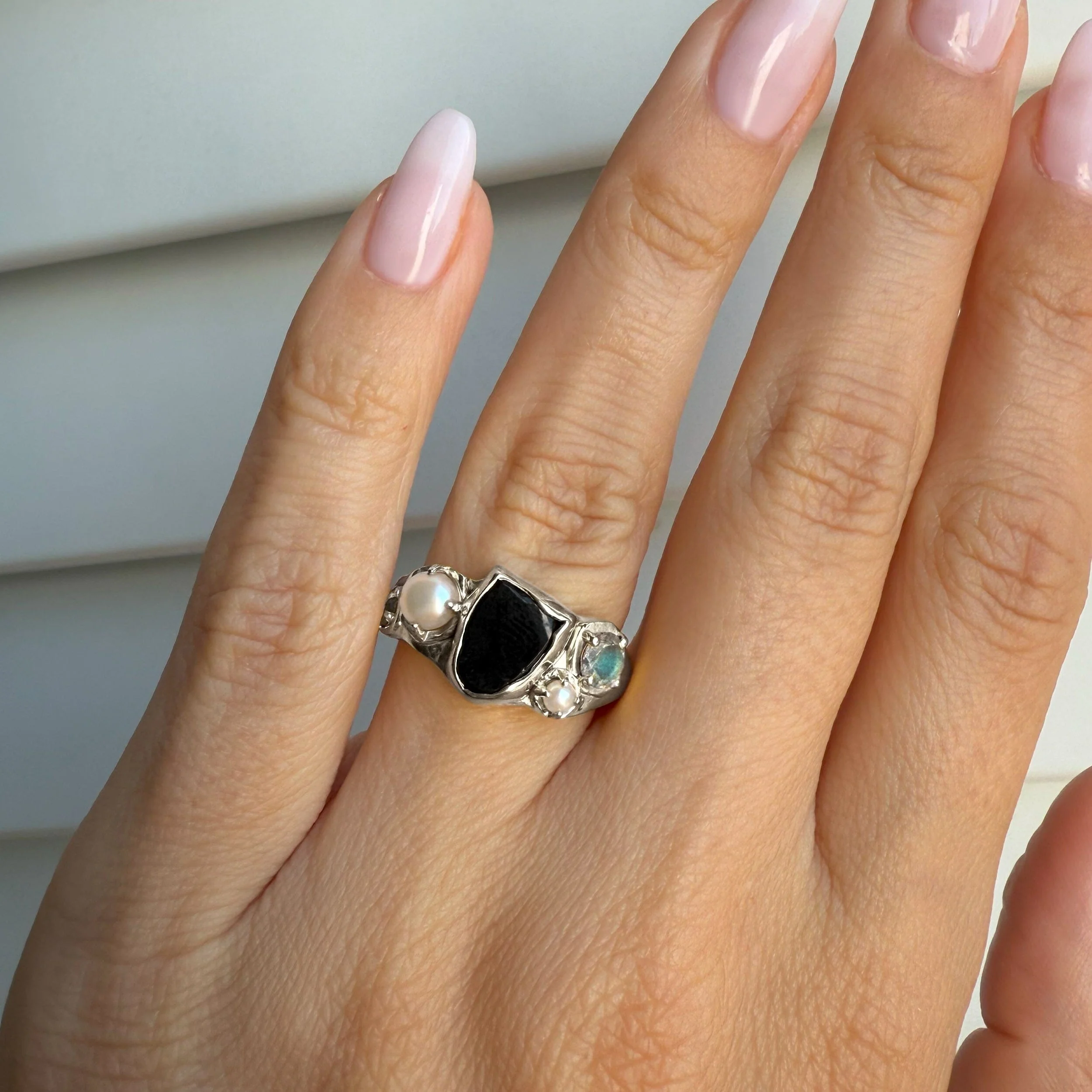 Black Obsidian Pearl Ring - Midnight Heirloom - Image 2