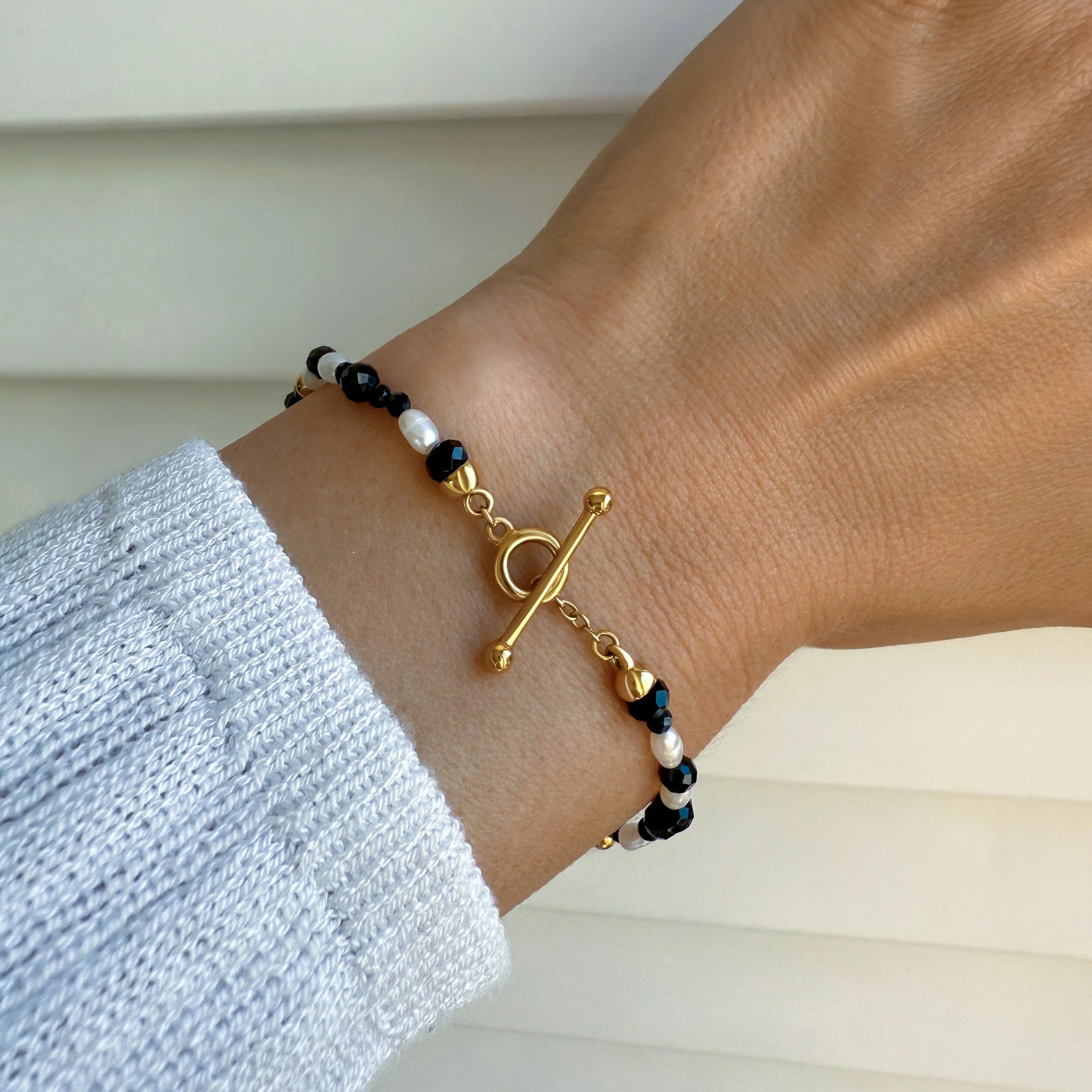 Black Obsidian Rice Pearl T-Lock Beads Bracelet - Power Flow - Image 6