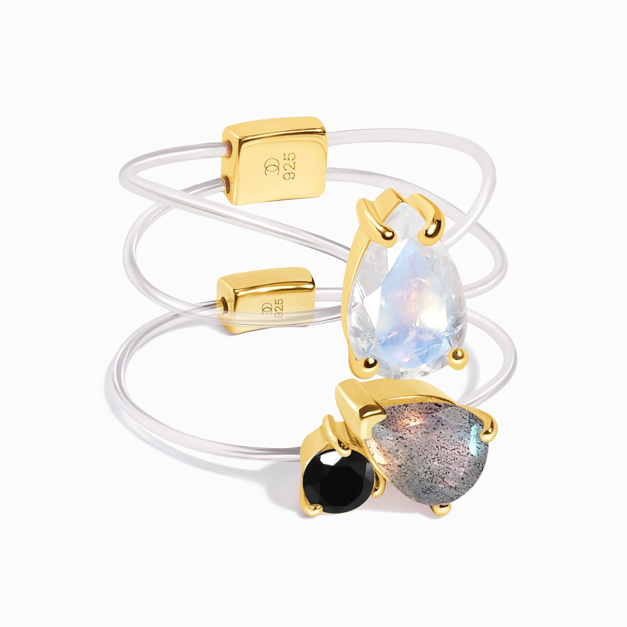 Labradorite Black Obsidian Toi Et Moi & Moonstone Sway Floating Rings - Image 7