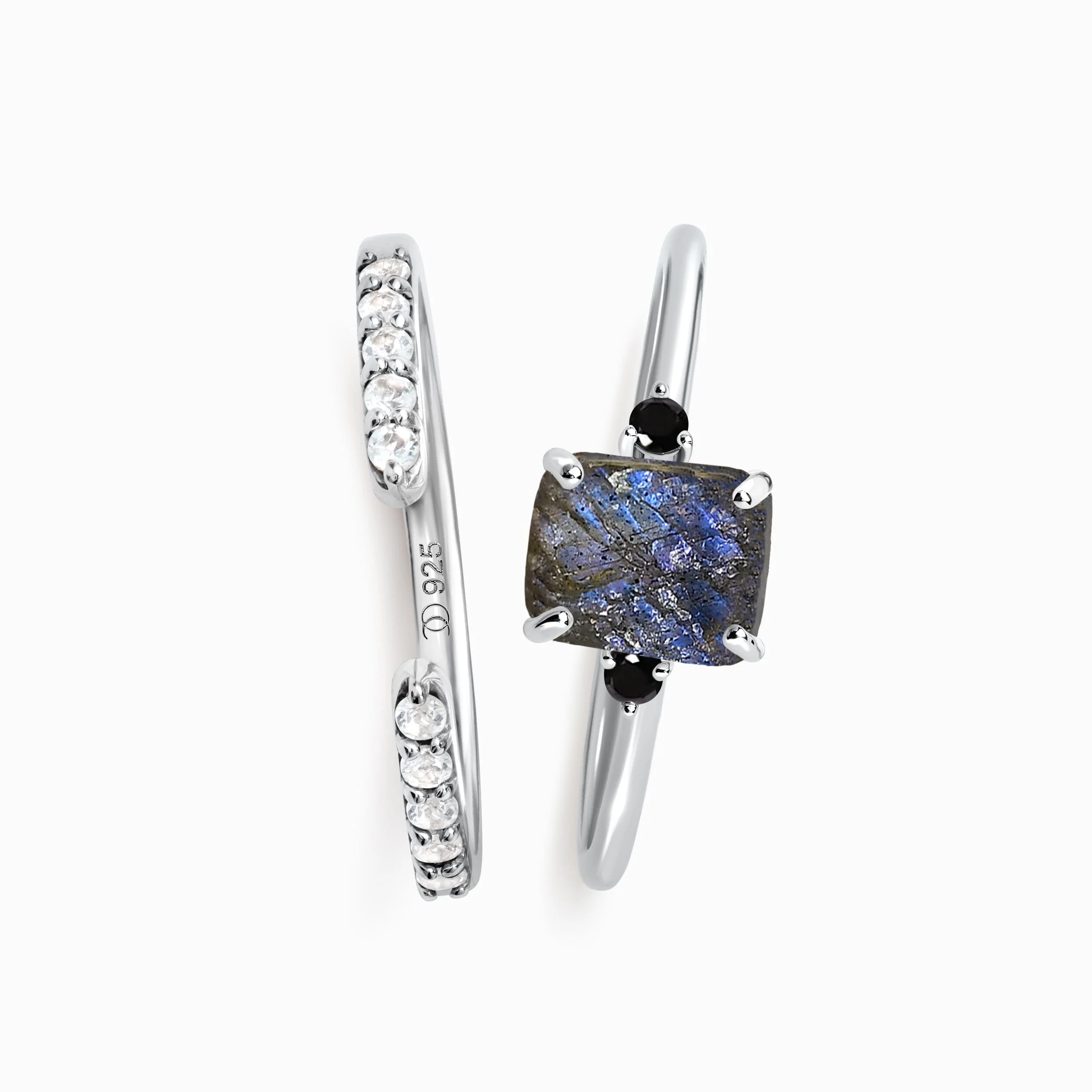 Labradorite Black Onyx Ring - Petite Raw Allure & White Zircon Ring - Twinkling Band - Image 4
