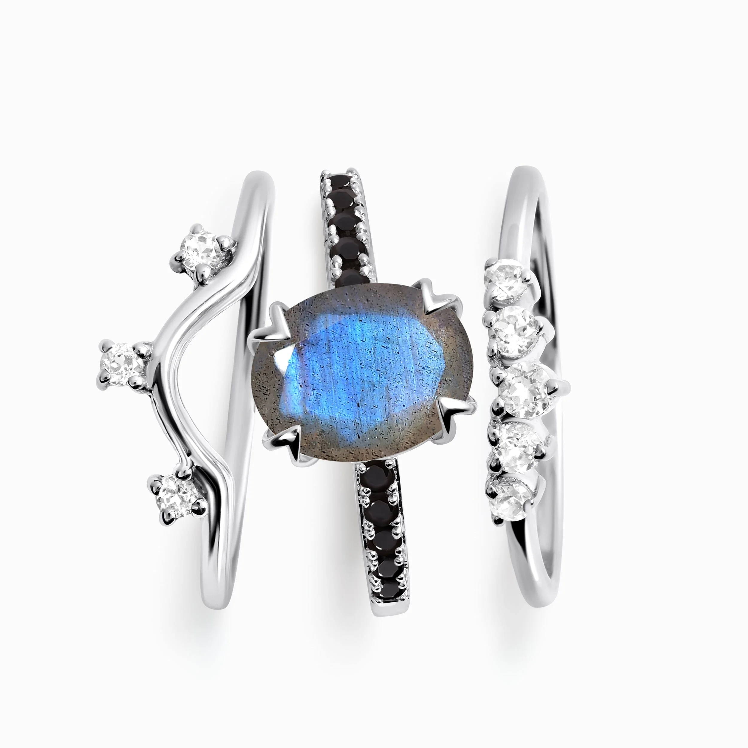 Labradorite Black Spinel Harlow Ring & Archer Band & Wreath Band