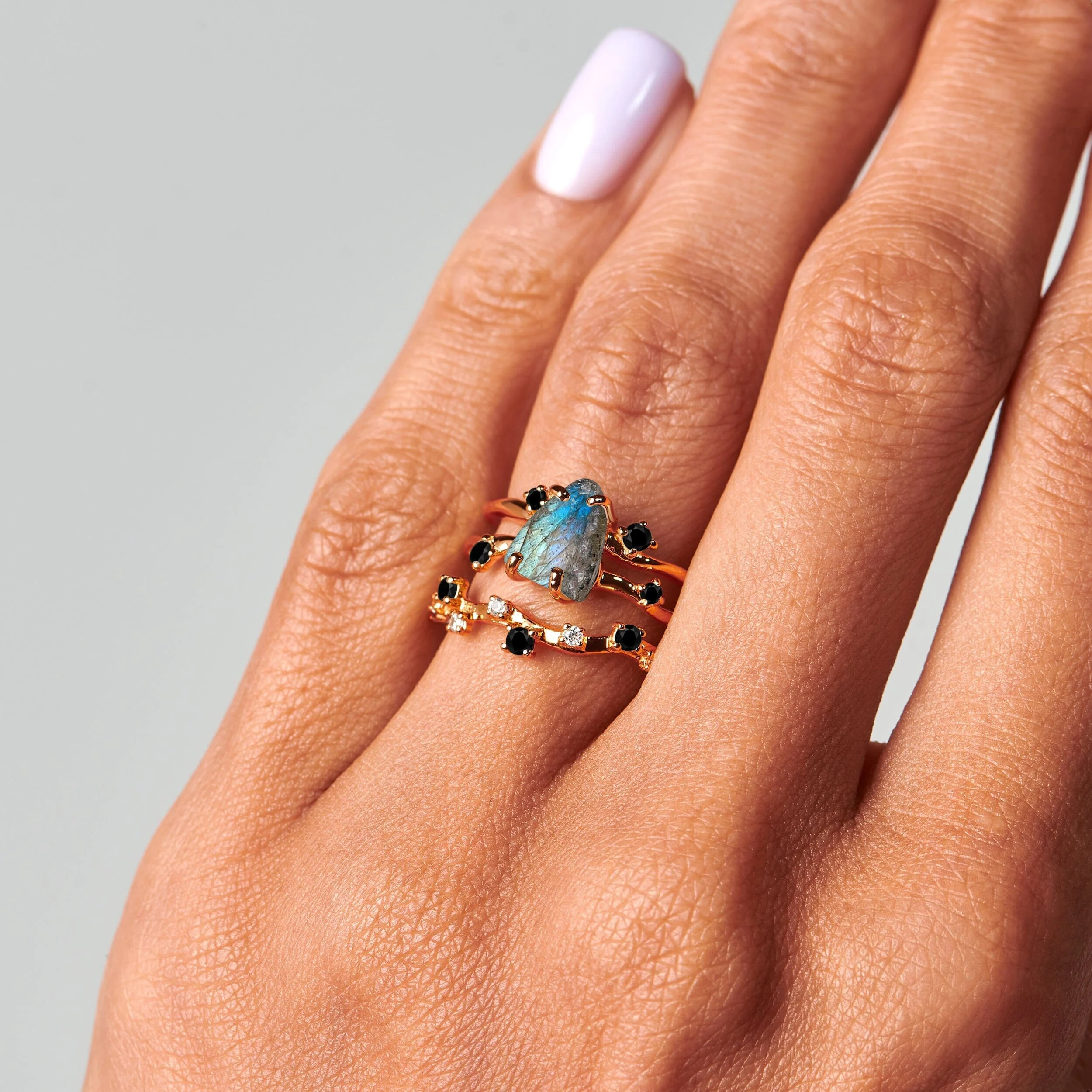 Labradorite Flow Ring & Black Onyx Stardust Band - Image 4