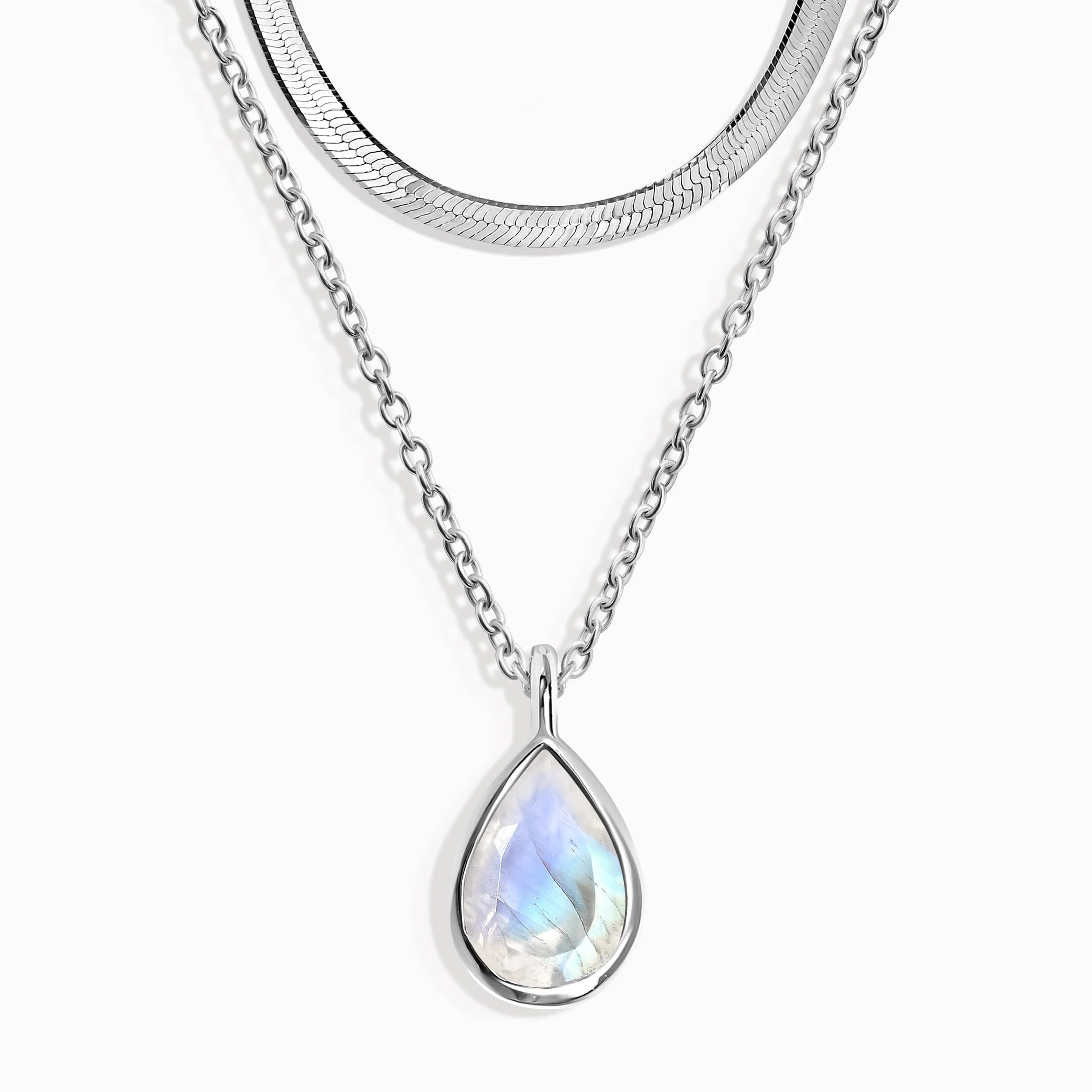 Moonstone Hidden Heart Necklace & Herringbone Chain
