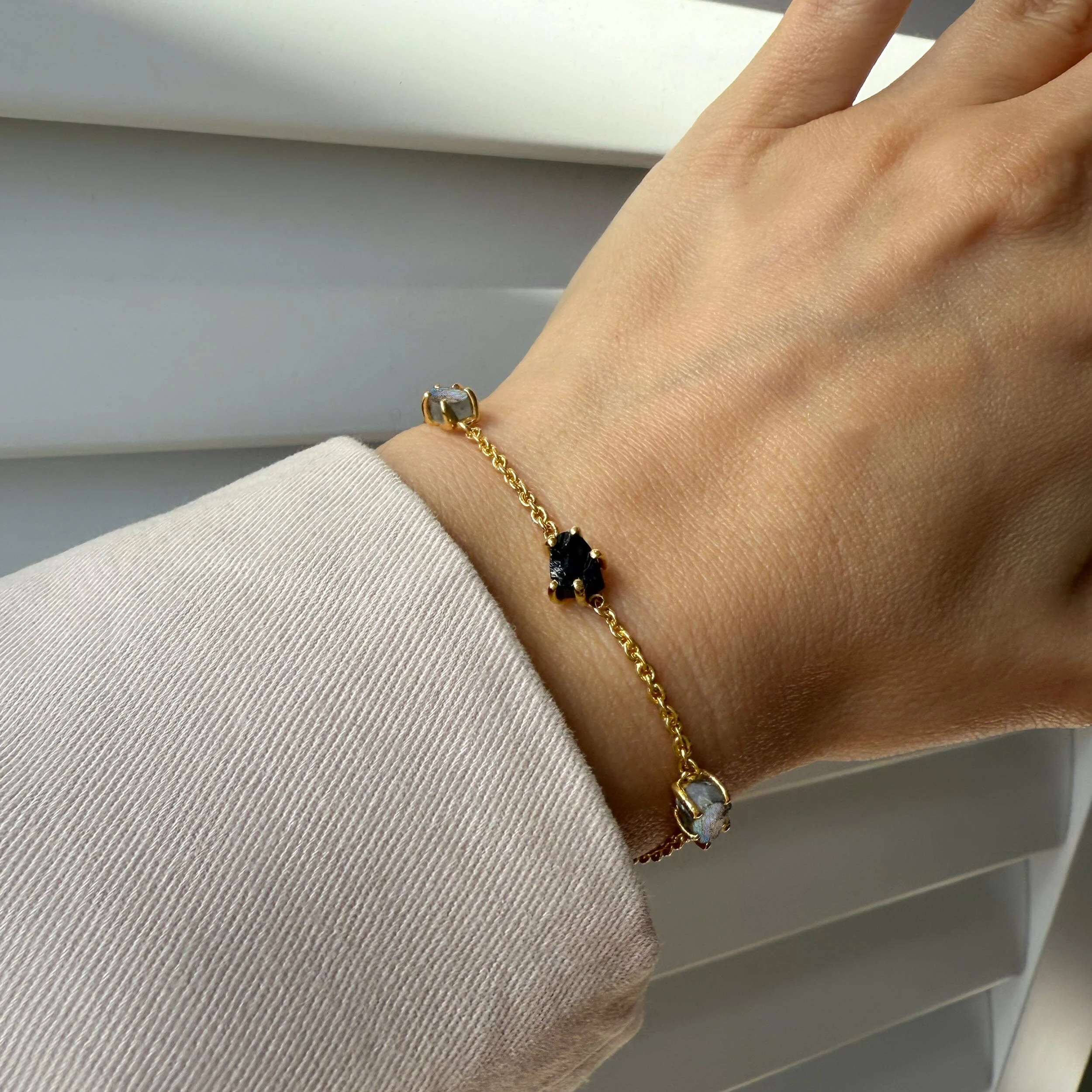 Raw Crystal Bracelet - Enchanted Labradorite & Black Obsidian - Image 6