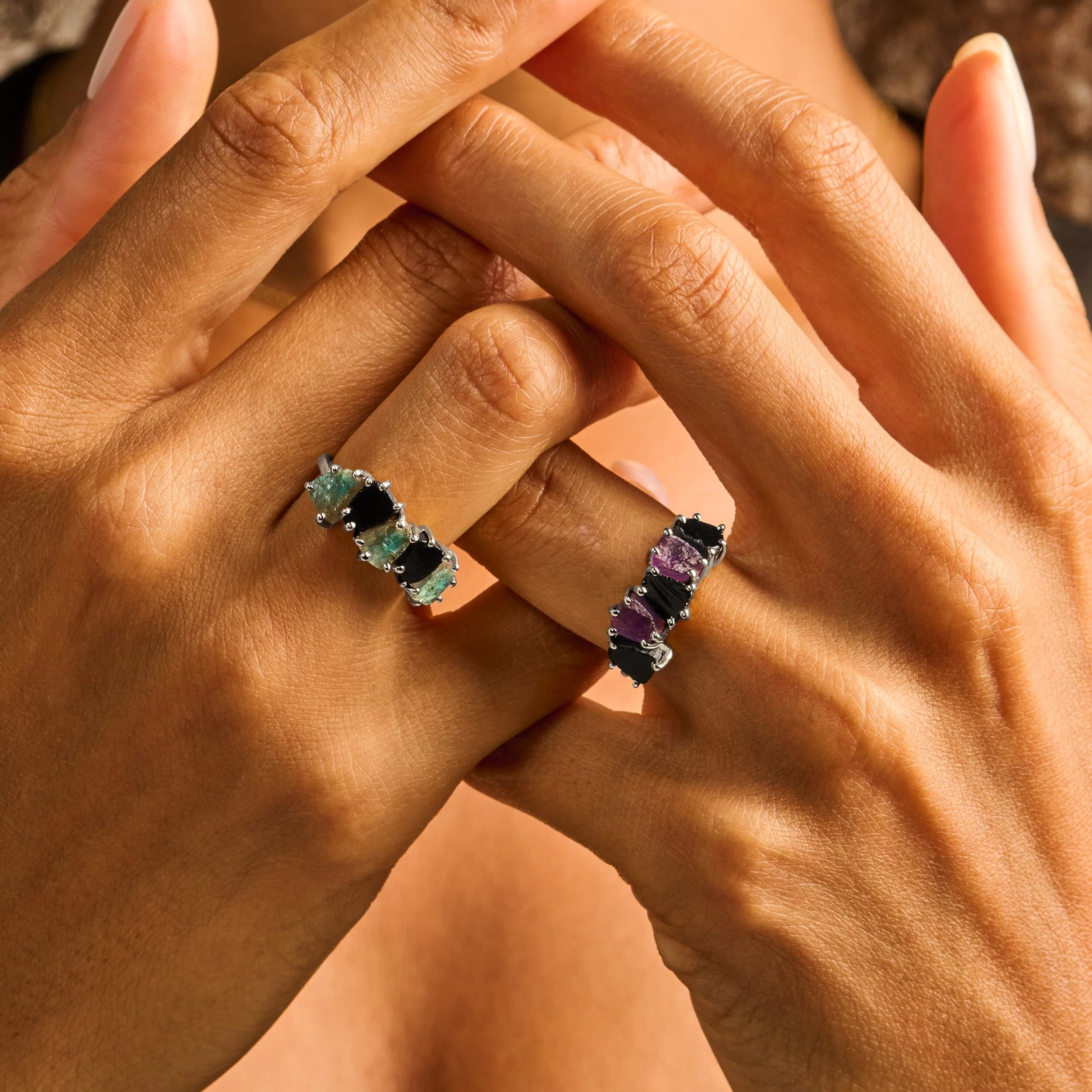 Raw Crystal Ring - Luminous Black Obsidian & Amethyst - Image 12