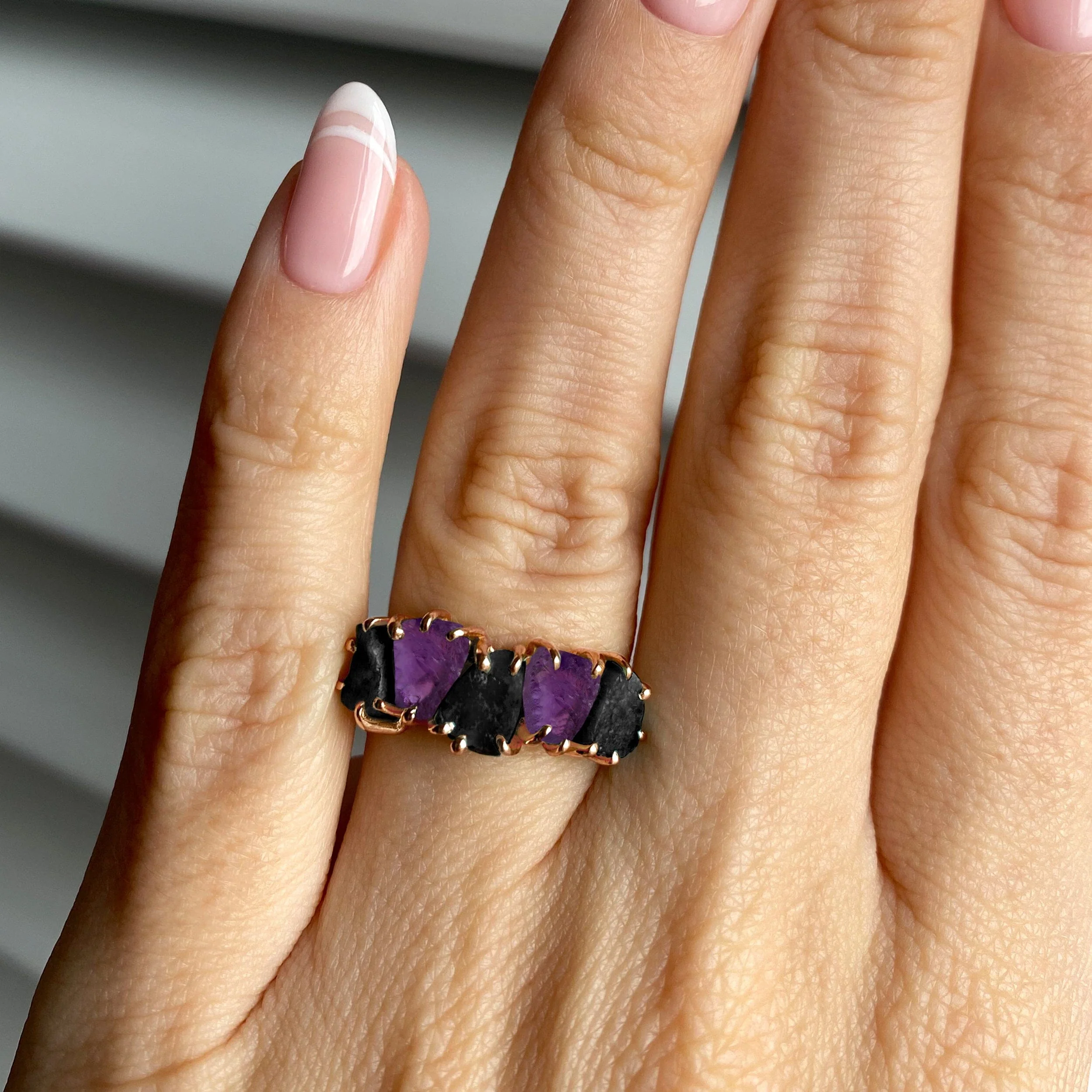 Raw Crystal Ring - Luminous Black Obsidian & Amethyst - Image 5