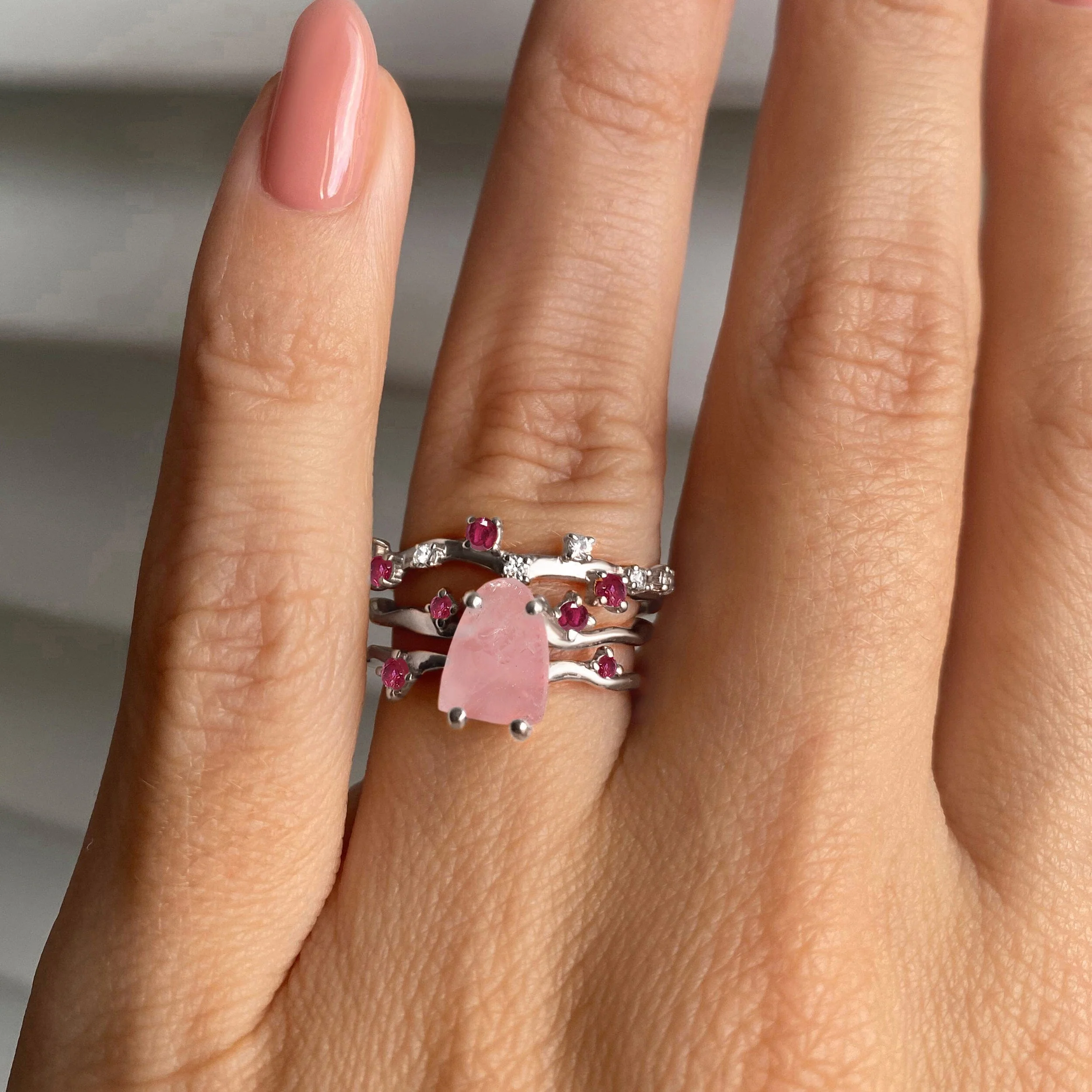 Rose Quartz Flow Ring & Ruby Stardust Band - Image 2