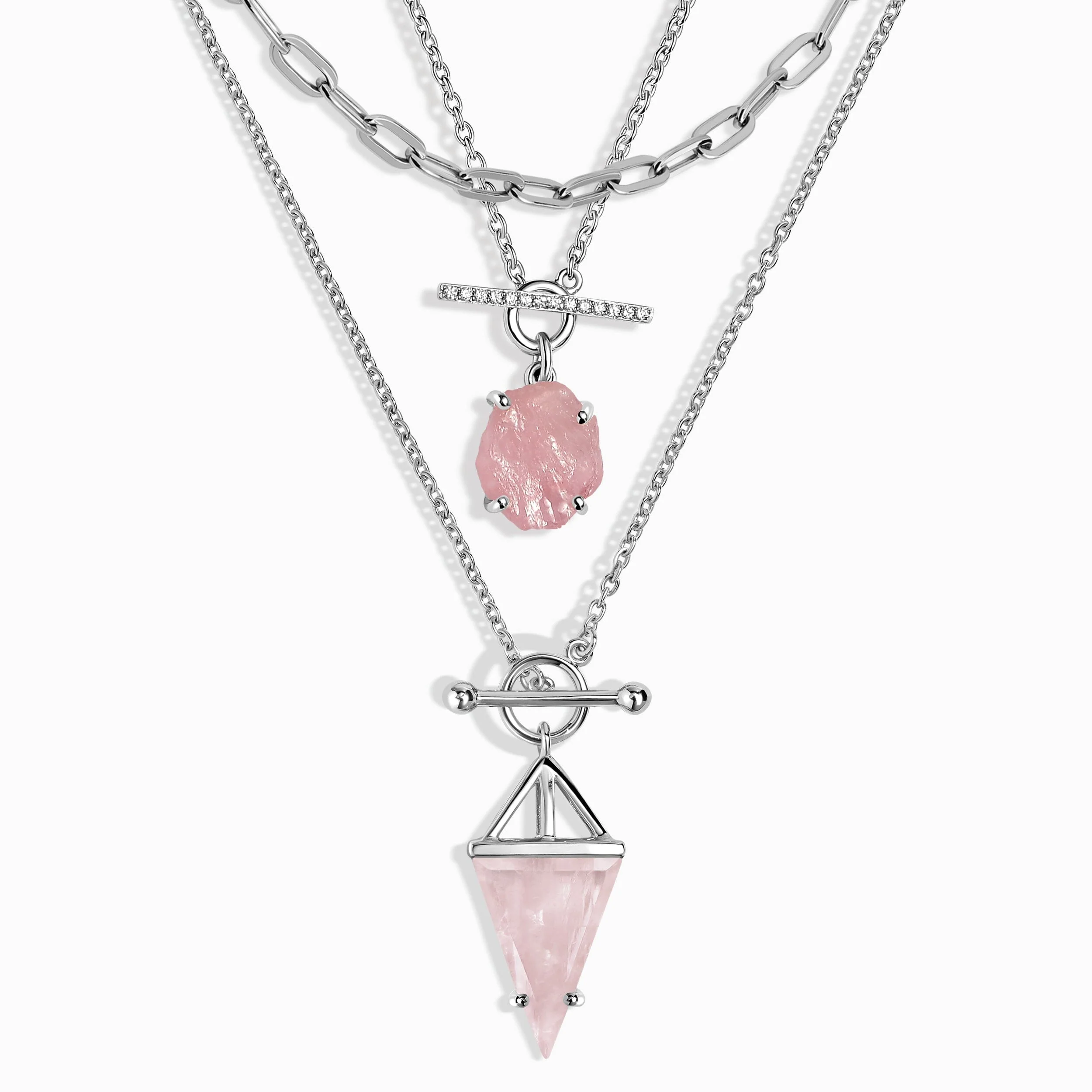 Rose Quartz Heroine T-Lock & Raw Crystal T-Lock Necklaces & Widelink Chain