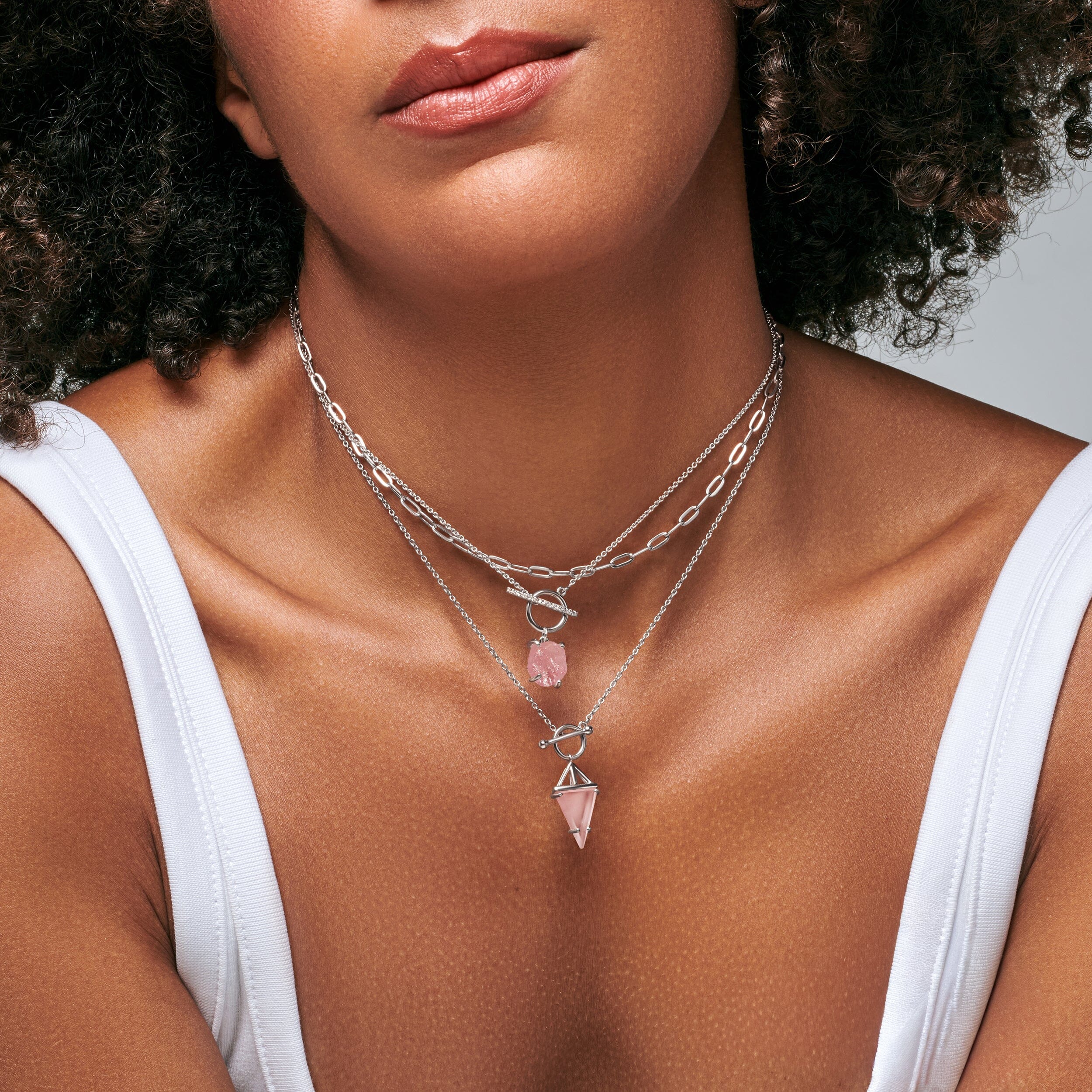 Rose Quartz Heroine T-Lock & Raw Crystal T-Lock Necklaces & Widelink Chain - Image 2