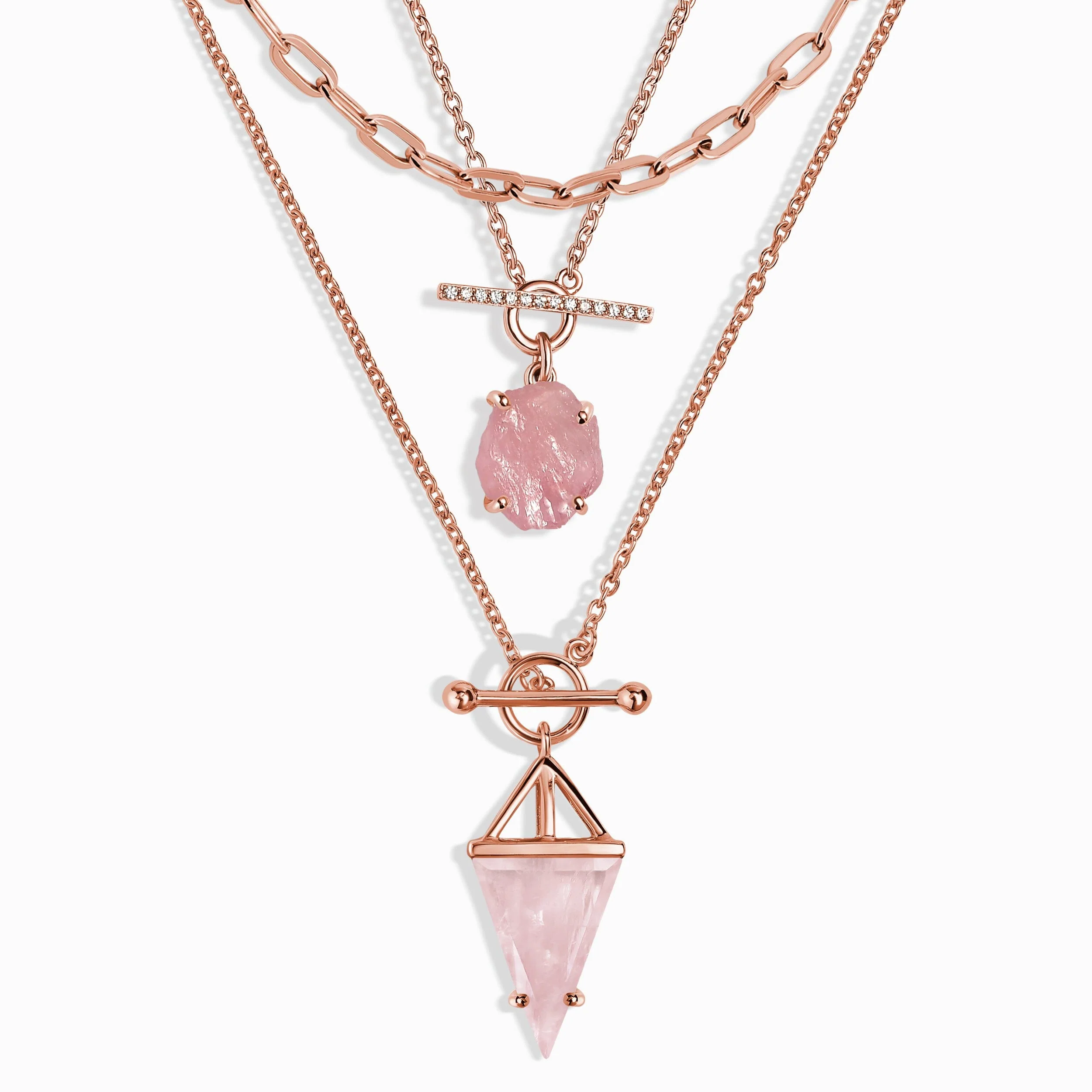 Rose Quartz Heroine T-Lock & Raw Crystal T-Lock Necklaces & Widelink Chain - Image 3