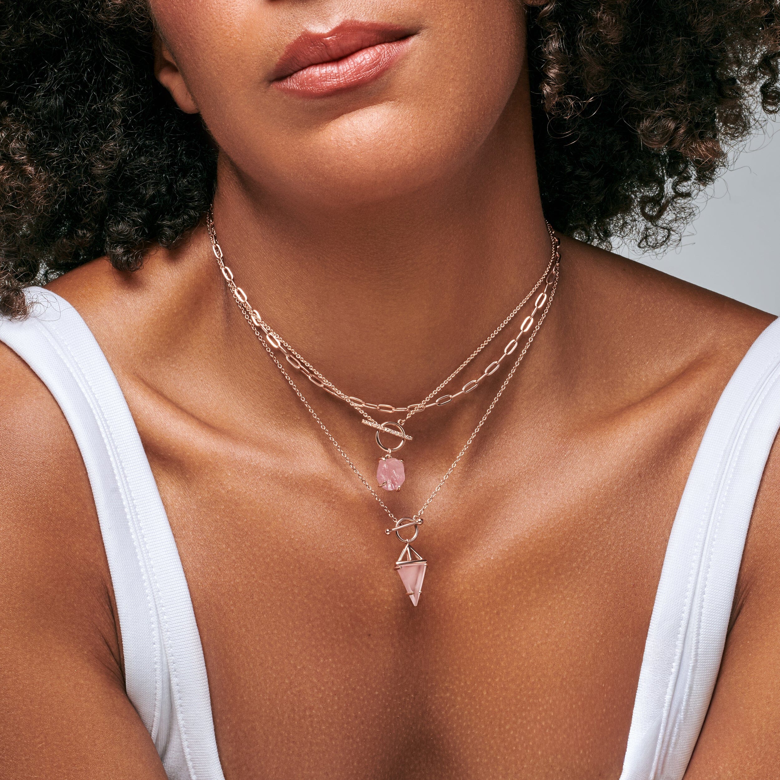 Rose Quartz Heroine T-Lock & Raw Crystal T-Lock Necklaces & Widelink Chain - Image 4