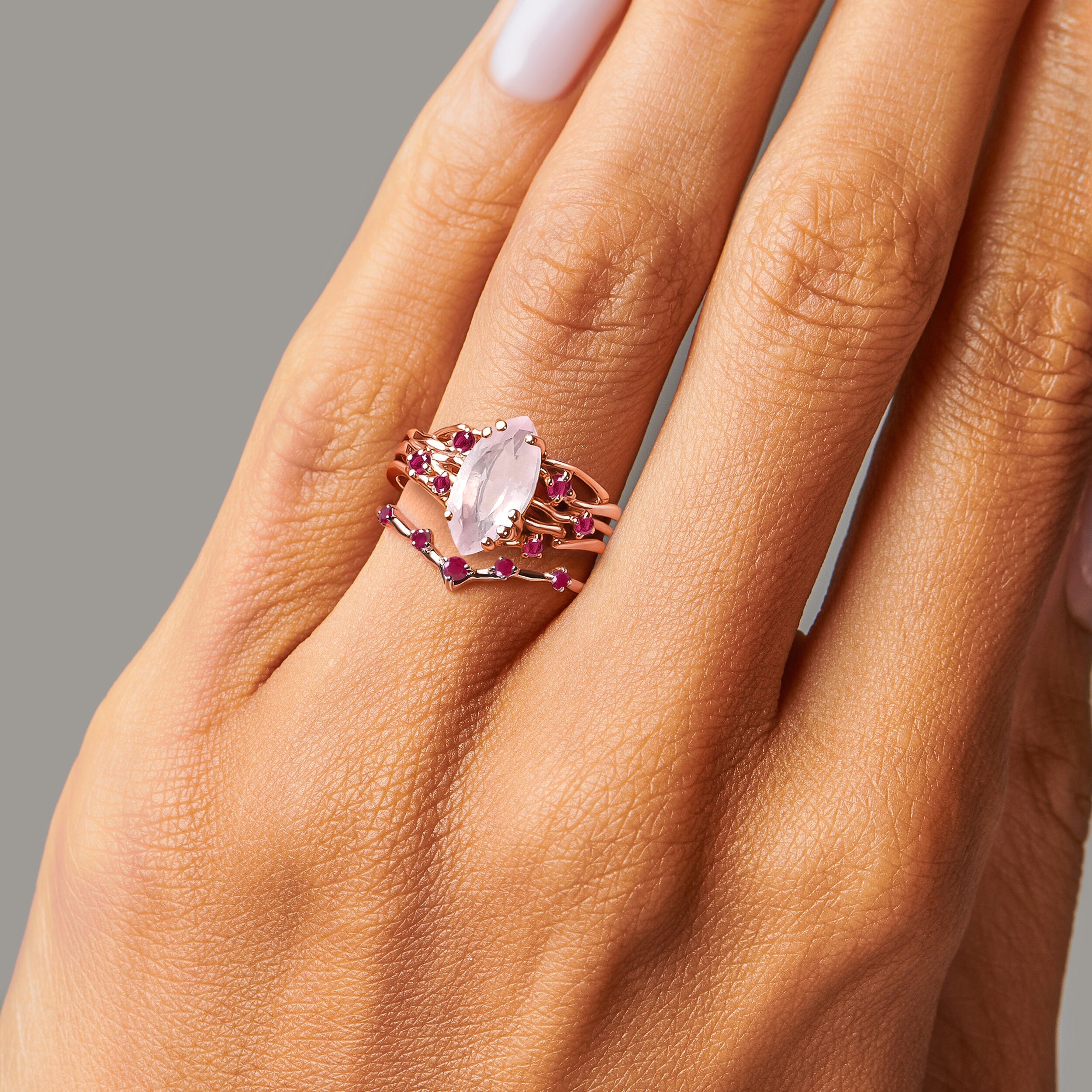 Rose Quartz Ruby Radiance Ring & Cosmic Crown Band - Image 4