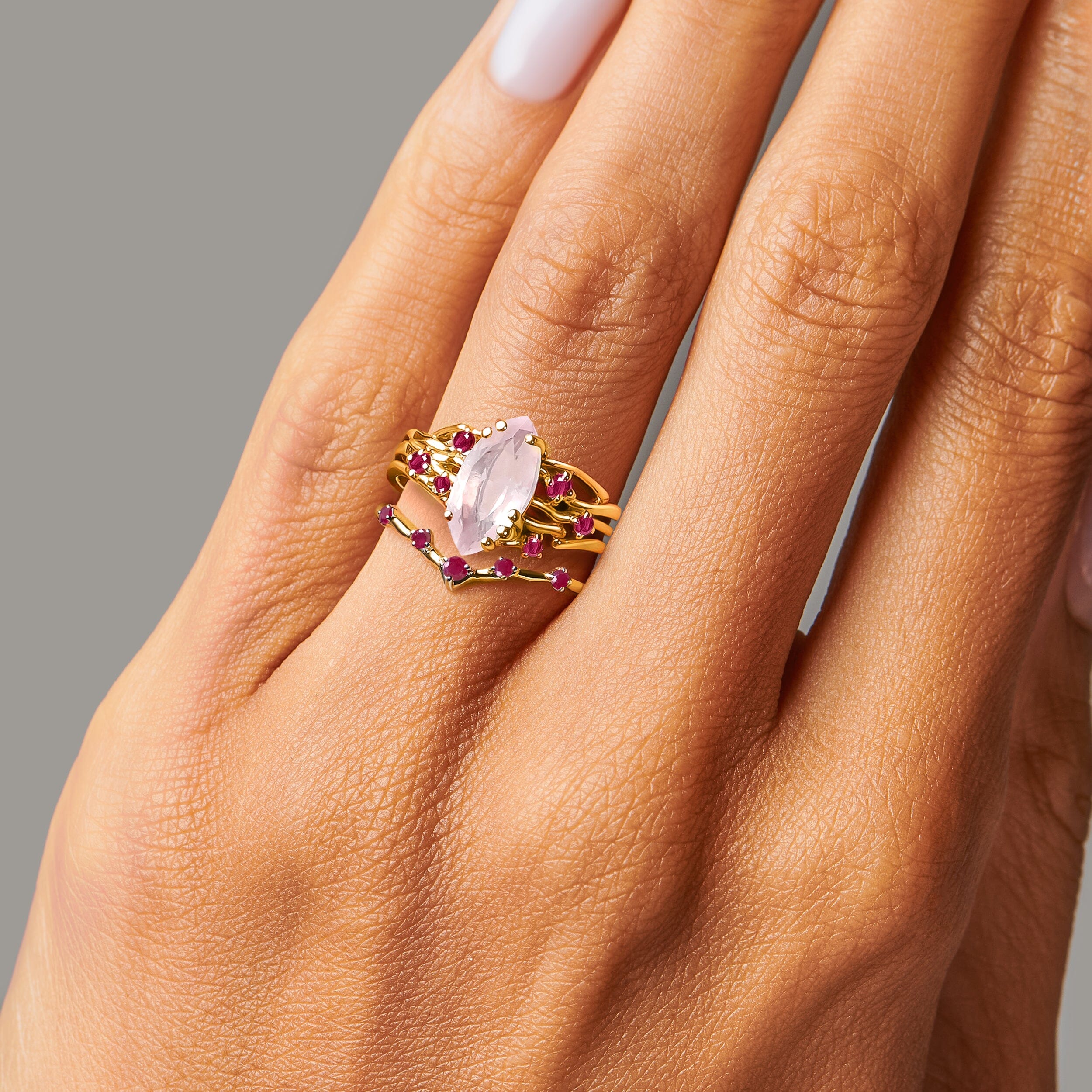 Rose Quartz Ruby Radiance Ring & Cosmic Crown Band - Image 6